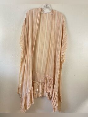 Free People Large Orange Cream Striped Short Sleeve Frayed Hem Poncho Cardigan